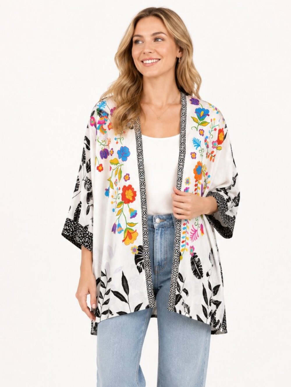 John Mark Wearable Art Embroidered Kimono Top Boho Floral Open Front